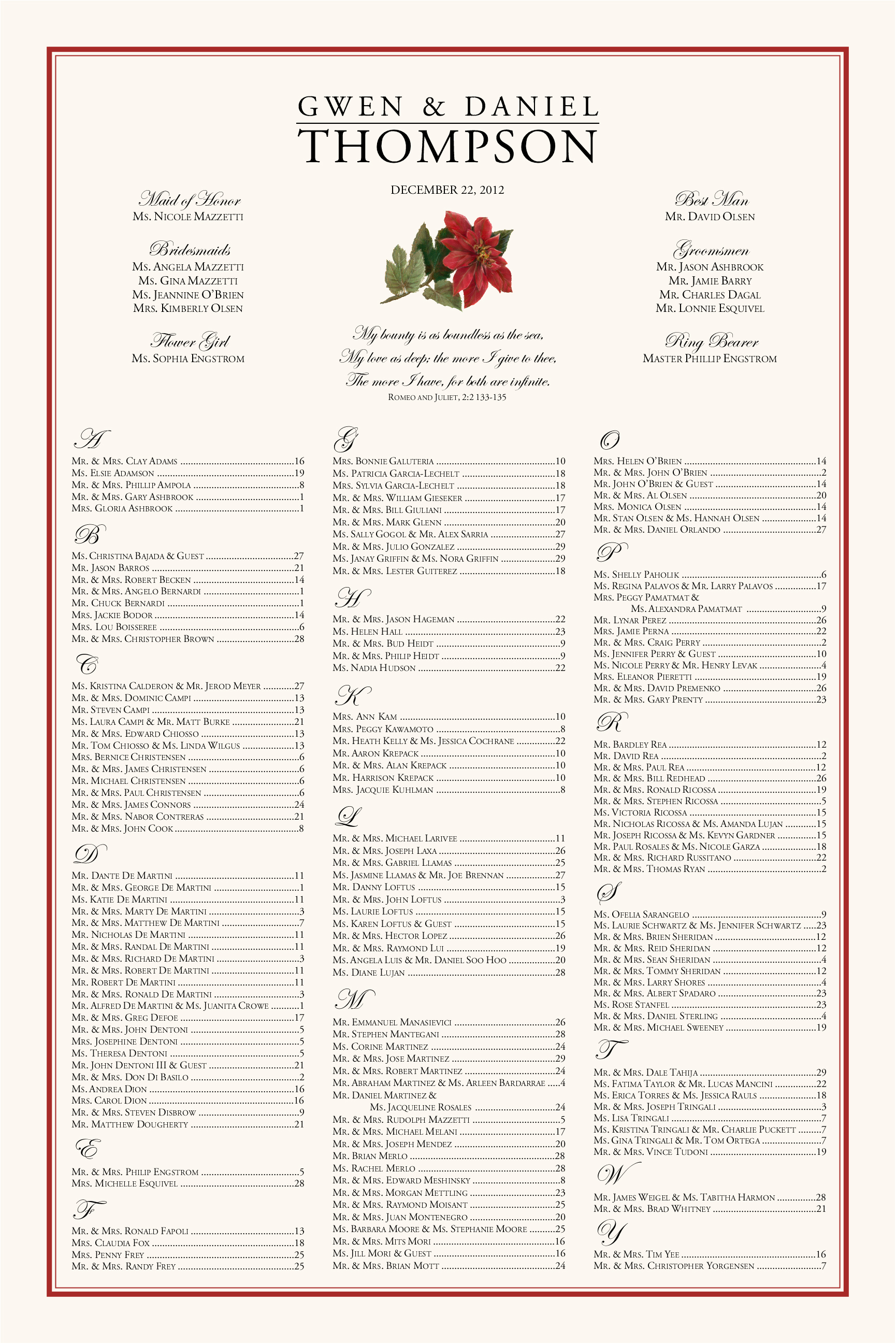 Christmas Wedding Seating Chart