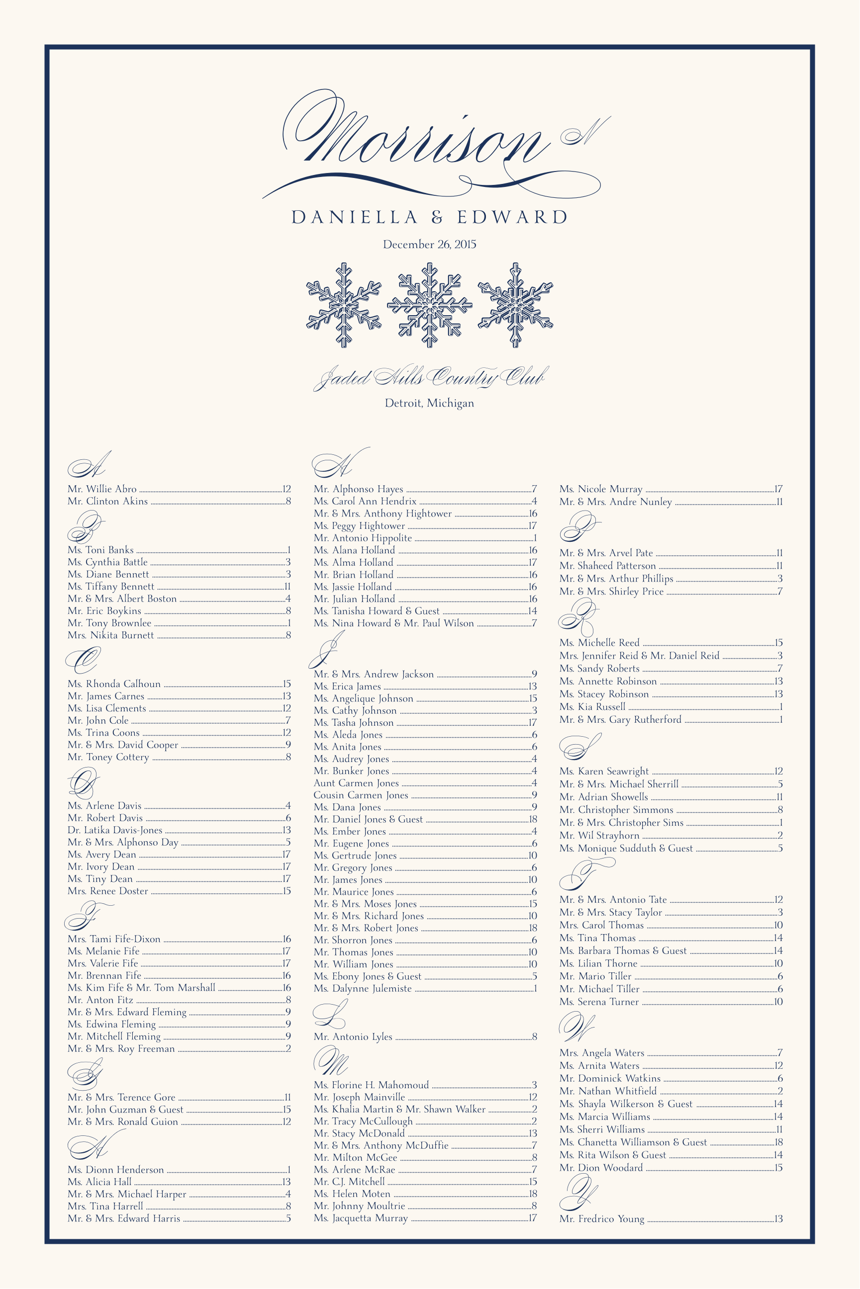 Winter Wedding Seating Chart