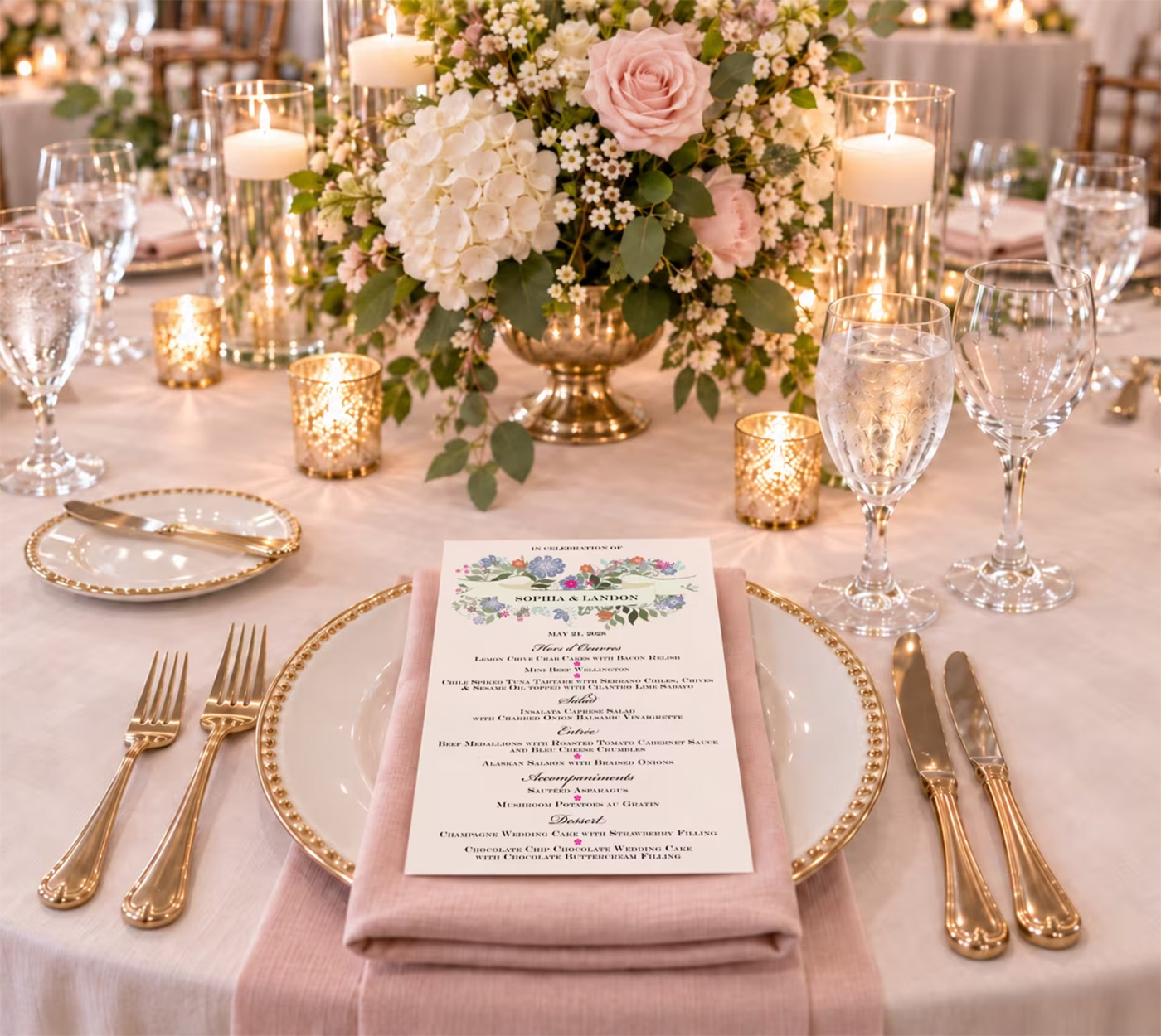 Personalized menus atop on a wedding reception table